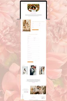 the wedding website is displayed on a pink background with lots of flowers in front of it