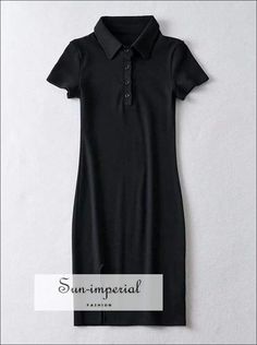 Women Blue Short Sleeve Polo Collar Bodycon Casual Ribbed Mini Dress with front Buttons and Split Basic style Summer Knee-length Bodycon Dress With Button Closure, Black Buttoned Knee-length Mini Dress, Plain Button-up Mini Dress With Button Closure, Black Button-up Mini Dress, Black Button-up Mini Dress With Buttons, Imperial Fashion, Bodycon Casual, Womens Black Shorts, Office Dresses For Women