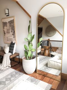 a large mirror sitting on top of a wooden floor next to a potted plant