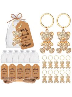 gold tone teddy bear key chain and earrings set with gift bag for wedding or special occasion