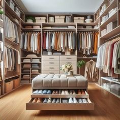 a walk in closet filled with lots of drawers and clothes hanging on the walls,