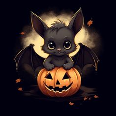 a bat sitting on top of a pumpkin