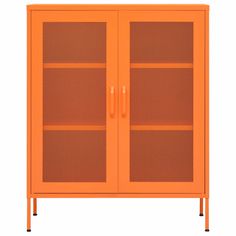 an orange metal cabinet with mesh doors