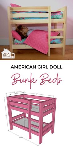 an american girl doll bunk bed is shown with measurements for the bottom and bottom bunk