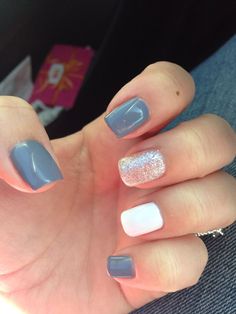 Grey nails. Glitter. White accent nail. Multi Colored Nails With Glitter, Nail Glitter Design, Nail Valentine, Shiny Nails Glitter, Nail Winter, Nail 2023, Nail Design Glitter, Cruise Nails, Pedicure Designs Toenails