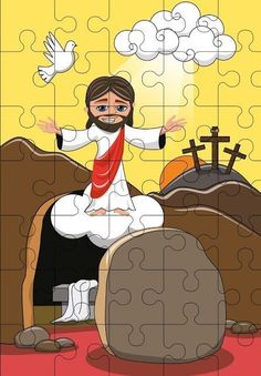 a puzzle with jesus sitting on the ground and doves flying over him, in front of a yellow background