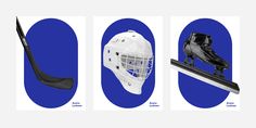 four different types of hockey equipment on a blue background