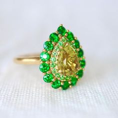 Green Pear-shaped Jewelry With Center Stone, Green Multi-stone Gemstones In 14k Gold, Pear-shaped Green Jewelry With Center Stone, Tsavorite Ring, Rachel Smith, Eye Details, Tsavorite Garnet, Double Halo, Cute Rings