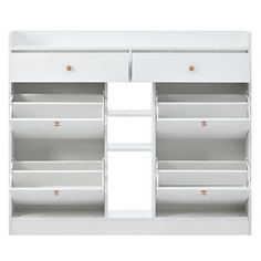 an open white cabinet with drawers and shelves on the bottom shelf is shown in front of a white background