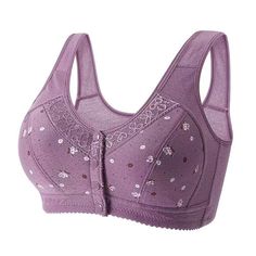 a women's bra that is purple with white flowers on it