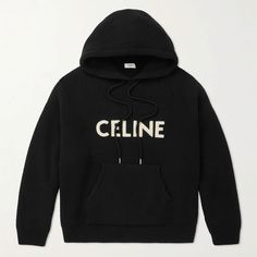 New With Tag Luxury Black Hoodie With Ribbed Cuffs, Luxury Black Hoodie With Double-lined Hood, Luxury Black Hoodie For Winter, Luxury Black Hoodie For Fall, Modern Black Hoodie For Winter, Modern Black Winter Hoodie, Celine Outfit, White Knitwear, Hoodie Outfit Men