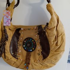 Shoulder Bag With Beading And A Beautiful Design On The Front. Never Used Has Price Tag. One Little Mark On The Strap. Zip Closure Everyday Beaded Shoulder Bag, Beaded Shoulder Bag As Fashion Accessory, Summer Beige Embellished Shoulder Bag, Brown Beaded Bags For Daily Use, Beige Beaded Shoulder Bag For Daily Use, Summer Beaded Brown Shoulder Bag, Summer Brown Beaded Shoulder Bag, Casual Beaded Rectangular Shoulder Bag, Casual Beaded Bag For Everyday