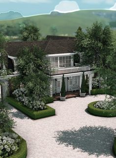 an artist's rendering of a house in the middle of a garden with hedges