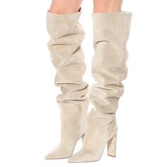 Shop Beige Slouchy Boots Genuine Suede Over-The-Knee Boots with Block heel color Beige for Anniversary, Dancing Club, Party with worldwide Free shipping & Free return. Womens Suede Boots, Popular Boots, Winter Heels, Slouchy Boots, Winter Shoes For Women, Pointed Toe Boots, Slouched Boots, Cowboy Boots Women, Boots Women Fashion