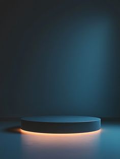 an illuminated circular object in the middle of a room with blue walls and flooring