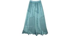 Stonewashed jade green long, A-line skirt with an elastic waistband, designer patches, and floral embroidery. A women`s boho elastic waistband gypsy dancing vintage long embroidered skirt. This rayon skirt has a great fall with an elastic waist for a comfortable fit. This skirt has mesh fabric from knee-length to the hemline, the embroidery is only on the front. Simply elegant, this very feminine skirt is a distinct reminder of the old-time eastern skirts with a hint of the Renaissance. Ideal to Rayon Skirt, Feminine Skirt, Patchwork Skirt, Scarf Shirt, Hippie Look, Trendy Skirts, Embroidered Skirt, Bridesmaid Outfit, Silk Skirt