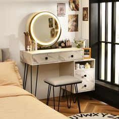 Start your makeup with this modern and charming vanity table set! Our elegant and practical dressing table comes with an LED lighted mirror, side storage cabinet and cushioned stool. The spacious tabletop, large drawers and acrylic cosmetic tray offer roomy space for your cosmetics, jewelry and any other beauty supplies. The rotatable mirror with 3-color adjustable LED lights makes your makeup more convenient. And the light brightness is adjustable by long pressing the touch button. Made of high Bedroom Vanity Set, Lipstick Storage, Dressing Table Design, Box Bedroom