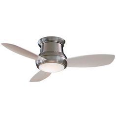 a ceiling fan that is on top of a white wall and has a light in front of it