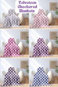 four pictures of different colored blankets on top of each other in the same color and pattern