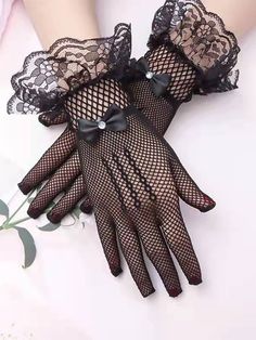 Black  Collar  Fabric  Full Finger Gloves Embellished  Fall/Winter Women Accessories Cute Gloves Fashion, Cute Clothes And Accessories, Cute Goth Accessories, Gothic Tea Party Outfit, Black Accessories Aesthetic, Fashion Accessories Drawing, Black Outfit Accessories, Pastel Goth Accessories, Vampire Gloves