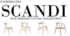 four chairs with the words scandi in black and white, including one for each chair