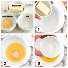 four pictures showing how to make buttered marshmallows in small white bowls