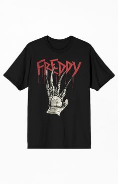 Edgy Crew Neck T-shirt With Character Print, Edgy Character Print Crew Neck T-shirt, Edgy Halloween Fan Merchandise T-shirt, Black Horror T-shirt For Streetwear, Pre-shrunk Horror T-shirt For Streetwear, Black Horror T-shirt With Letter Print, Freddy Krueger Shirt, Horror Shirts, A Nightmare On Elm Street