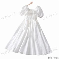 Captivating White Bubble Sleeve Dress with Folded Edge Bubble Sleeve Dress, Bubble Sleeve, Waist Circumference, Types Of Skirts, A Line Skirt, Types Of Collars, A Line Skirts, Sleeve Dress, Types Of Sleeves