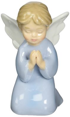 a blue angel figurine with white wings and hands folded in front of it