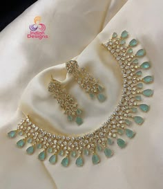 High quality American Diamond necklaces in Rose gold polish with Mint green stones. Green Wedding Jewelry, Mint Green Jewelry, Mint Green Necklace, Desi Jewelry, Neck Pieces Jewelry, Stone Necklace Set, Green Stone Necklace, Fancy Jewelry Necklace, American Diamond Necklaces