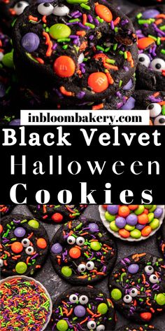 black velvet halloween cookies with sprinkles and candy eyes on them are shown