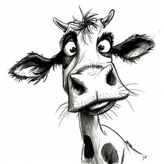 a black and white drawing of a cow's face with eyes wide open looking at the camera