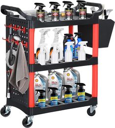 a black and red utility cart with cleaning products on it's sides, including hand sanitizers