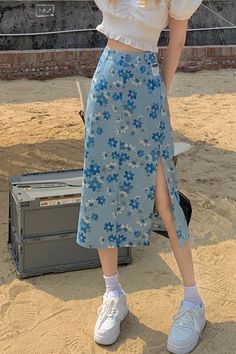 High Waist Blue Floral Split Jeans Skirt – Tomscloth Blue Outfit Ideas Classy, Trendy Blue Long Skirt, Casual High-waist Blue Skirt, Trendy Light Blue Cotton Skirt, High-waisted Light Blue Cotton Skirt, Blue Pencil Skirt For Summer, Trendy Blue Skirt With Pockets, Retro Blue Cotton Skirt, Retro Blue Midi Skirt