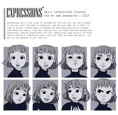 the expressions for an anime character's face are shown in black and white, with different