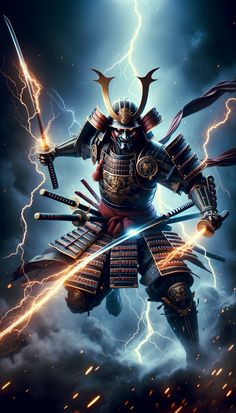 the samurai is holding two swords in one hand and standing on his knees, with lightning behind him