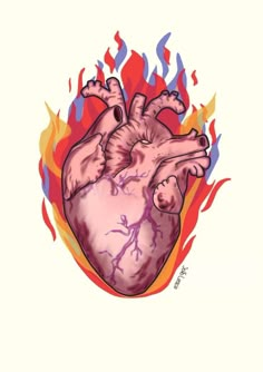 a drawing of a heart on fire