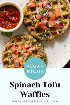 spinach tofu waffles on a plate with salsa