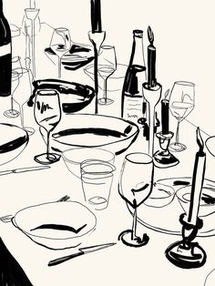 a black and white drawing of a table with wine glasses, plates and candles on it