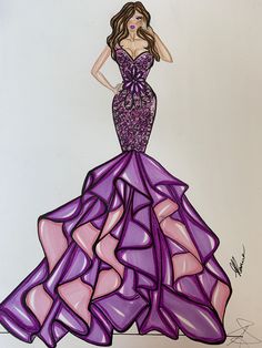 a drawing of a woman in a purple dress