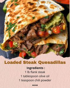 a steak quesadilla is cut in half and stacked on top of each other