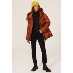 Brown nylon (100% Polyamide). Puffer. Long sleeves. Front zipper closure. 30" from shoulder to hemline. Imported. Winter Nylon Outerwear With Zip Cuffs, Fitted Down Outerwear For Work, Nylon Outerwear With Padded Collar For Fall, Fall Nylon Outerwear With Detachable Hood, Fall Puffer Jacket With Zip Fly For Cold Weather, Fall Outerwear With Ribbed Cuffs And Down Material, Down Outerwear With Ribbed Cuffs For Fall, Fall Down Outerwear With Ribbed Cuffs, Winter Nylon Outerwear With Zip Fly