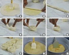 steps to make homemade pizza dough in the shape of buns with spatula and brush