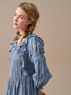 Blue Bohemian Linen Long Sleeve Dress, Linen A-line Dress With Ruffles, Feminine V-neck Linen Dress, Blue Cotton Vintage Dress With Ruffles, Blue Long Sleeve Vintage Prairie Dress, Ruffle Linen, Tie Dye Techniques, Elegant Feminine, Linen Midi Dress