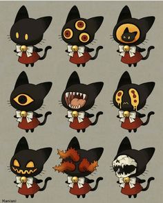 several black cats with different costumes and fangs on their faces, all in different poses