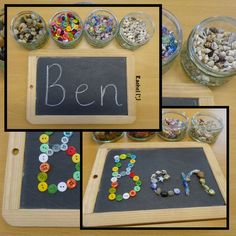 three pictures show different types of buttons on a blackboard and below them is a chalk board with the word ben written in it