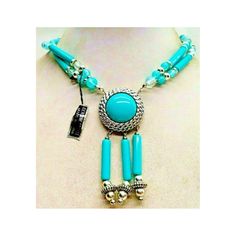 This cute necklace is made in a Southwestern design. It has 2 strands of beads and a pendant with matching dangles. It is marked "Genuine Lucite Made in China" on the tag; all parts are Lucite. It is designed as a continuous loop to slide over your head.  Check out my other listings at  https://gailsgreatgoodies.etsy.com    THANK YOU for shopping at Gail's Great Goodies! I guarantee customer satisfaction. If you are displeased with this item, I will accept it for return within 14 days of deliver Southwestern Necklaces With Dangling Beads And Adjustable Fit, Southwestern Necklace With Dangling Beads And Adjustable Fit, Southwestern Necklaces With Dangling Beads, Southwestern Multi-strand Turquoise Gemstone Necklace, Southwestern Adjustable Turquoise Necklace Hand-strung, Southwestern Style Adjustable Hand-strung Turquoise Necklace, Southwestern Style Blue Turquoise Nickel-free Necklace, Southwestern One-of-a-kind Turquoise Necklace, Southwestern Design