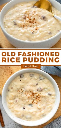 two bowls of old fashioned rice pudding with spoons