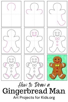 how to draw a gingerbread man for kids with the title, how to draw a ginger