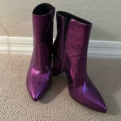 Inc International Concept Boots- Anila Ankle Boots, Metallic Snake Skin Purple, Size 9-1/2 New Condition- Never Worn 3.5 Inch Heels Purple Ankle Heeled Boots For Fall, Fall Purple Ankle Heeled Boots, Purple Pointed Toe Winter Boots, Purple Pointed Toe Heeled Boots For Winter, Snake Skin Boots, Shoes Closet, Purple Snake, Ankle Rain Boots, Cat Shoes